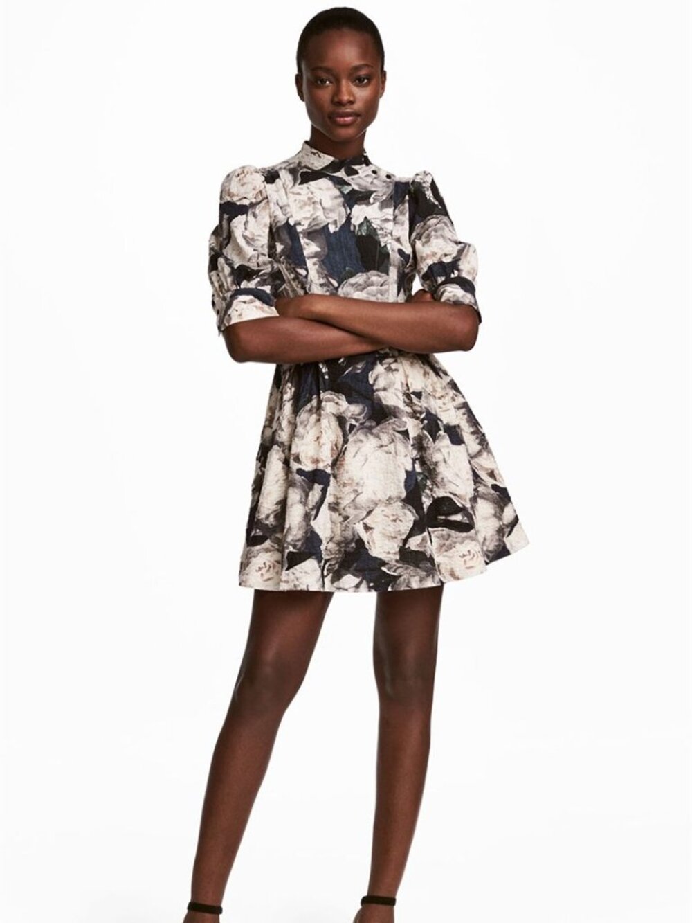 NWT H&M Floral Puff Sleeve Mini Dress High Neck Regency Victorian Ethereal XS 2